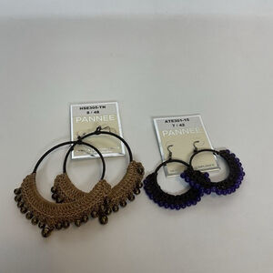 NWT Pannee Lot of 2 Brown Beaded Black/Purple Drop Boho Woven Hoop Earrings Ring